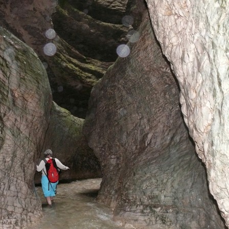 Le chemin à Saltinskiy vodopad s'enfonce dans un étroit canyon
