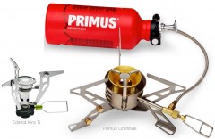 Mes 2 réchauds : réchaud à gaz compact Edelrid Kiro Ti, et réchaud multi-combustibles (dont essence) Primus Omnifuel